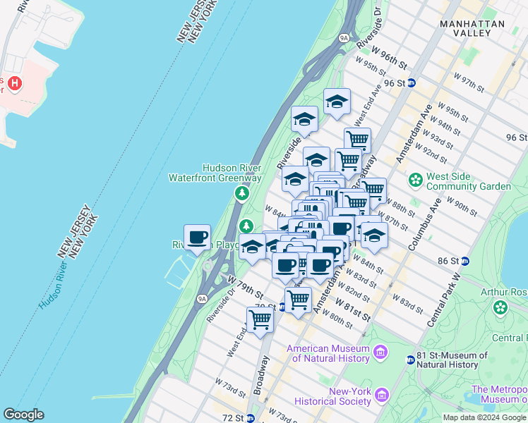 map of restaurants, bars, coffee shops, grocery stores, and more near 117 Riverside Drive in New York