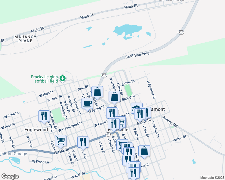 map of restaurants, bars, coffee shops, grocery stores, and more near 158 North Railroad Avenue in Frackville