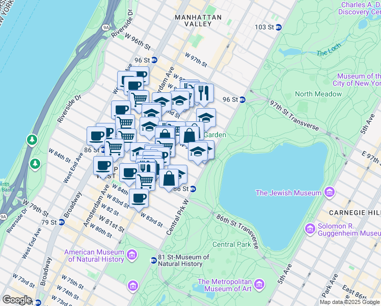 map of restaurants, bars, coffee shops, grocery stores, and more near 30 West 90th Street in New York
