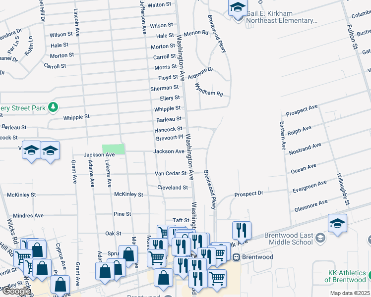 map of restaurants, bars, coffee shops, grocery stores, and more near 62 Jackson Avenue in Brentwood
