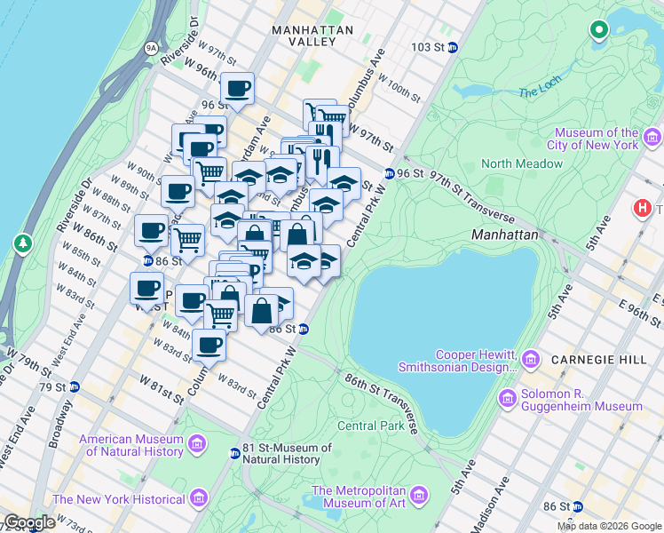 map of restaurants, bars, coffee shops, grocery stores, and more near 300 Central Park West in New York