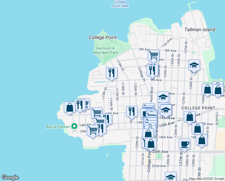 map of restaurants, bars, coffee shops, grocery stores, and more near 10-30 117th Street in Queens
