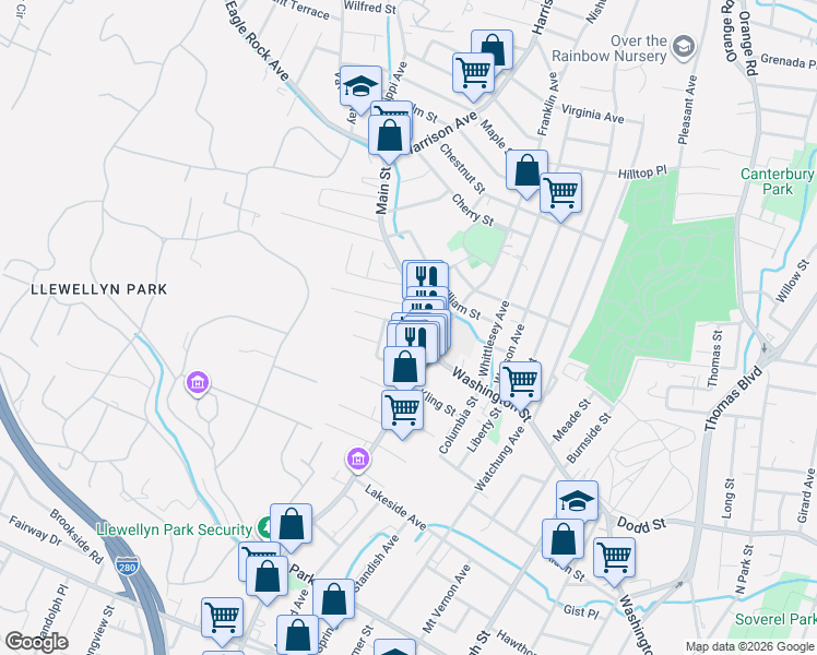 map of restaurants, bars, coffee shops, grocery stores, and more near 12 Llewellyn Avenue in West Orange