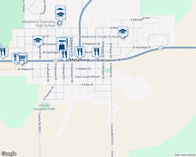 map of restaurants, bars, coffee shops, grocery stores, and more near 312 South Spring Street in Metamora