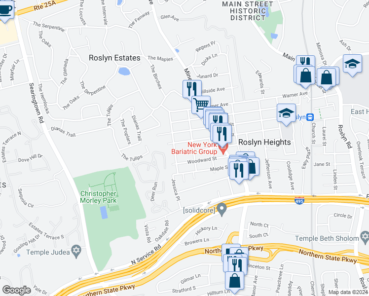 map of restaurants, bars, coffee shops, grocery stores, and more near 18 Villa Street in Roslyn Heights