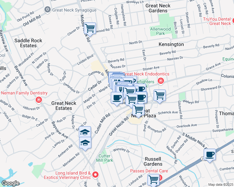 map of restaurants, bars, coffee shops, grocery stores, and more near 58 Middle Neck Road in Great Neck