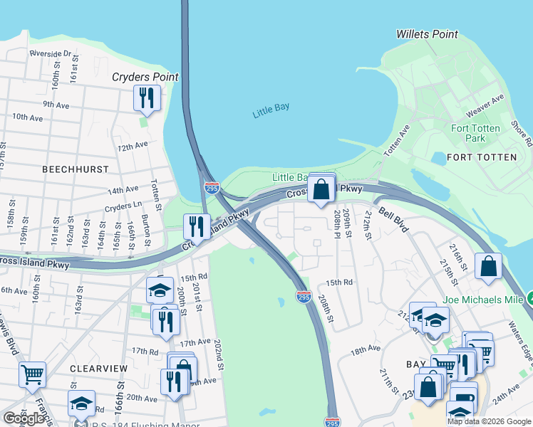 map of restaurants, bars, coffee shops, grocery stores, and more near 12-25 Robin Lane in Queens