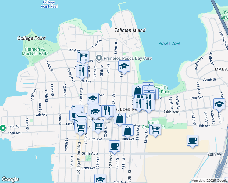 map of restaurants, bars, coffee shops, grocery stores, and more near 127-05 11th Avenue in Queens