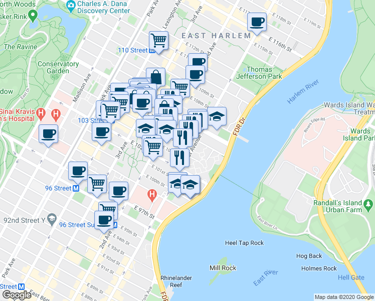 map of restaurants, bars, coffee shops, grocery stores, and more near in New York
