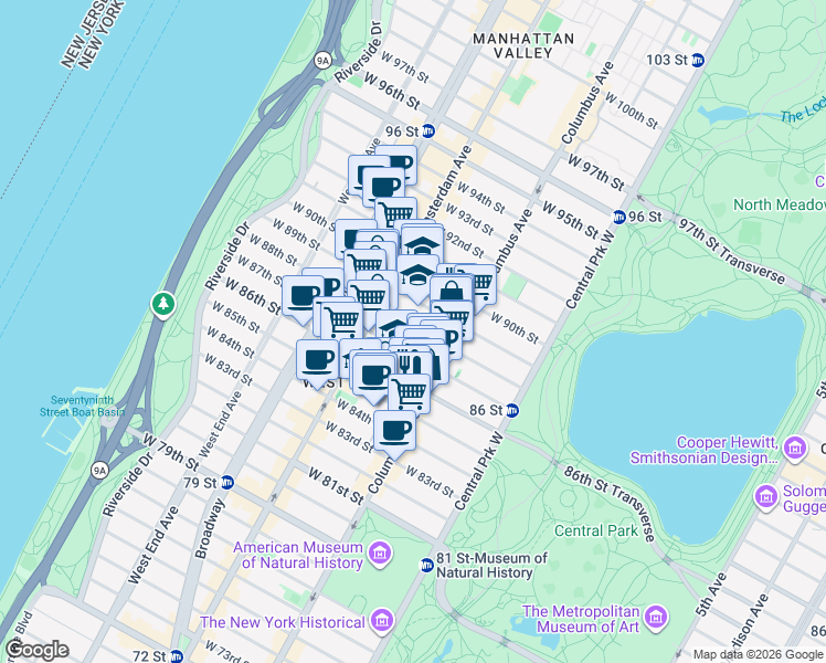 map of restaurants, bars, coffee shops, grocery stores, and more near 136w West 88th Street in New York