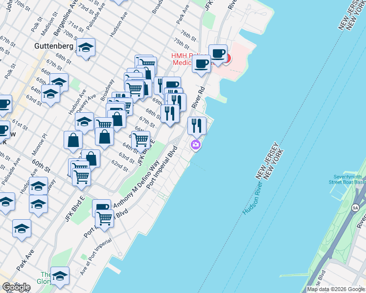 map of restaurants, bars, coffee shops, grocery stores, and more near 511 Harbor Place in West New York