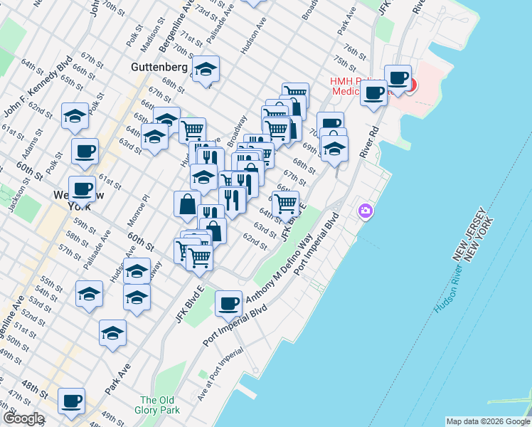 map of restaurants, bars, coffee shops, grocery stores, and more near 44 63rd Street in West New York