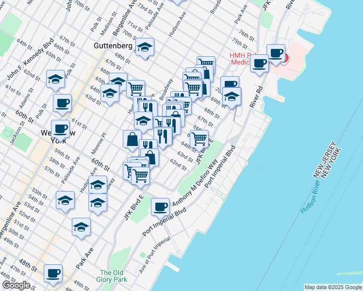 map of restaurants, bars, coffee shops, grocery stores, and more near 44 63rd Street in West New York