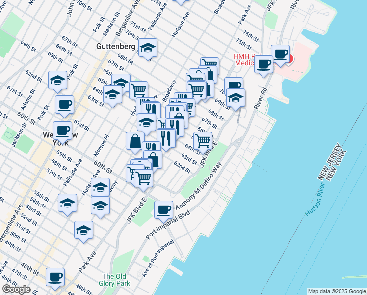 map of restaurants, bars, coffee shops, grocery stores, and more near 44 63rd Street in West New York