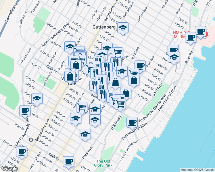 map of restaurants, bars, coffee shops, grocery stores, and more near 6032 Hudson Avenue in West New York