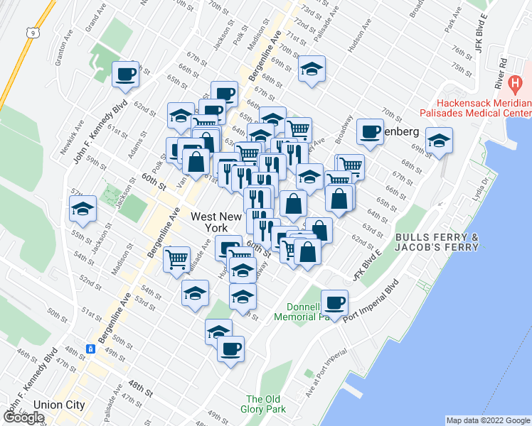 map of restaurants, bars, coffee shops, grocery stores, and more near 6032 Hudson Avenue in West New York