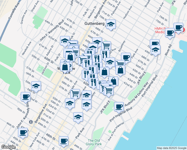 map of restaurants, bars, coffee shops, grocery stores, and more near 6032 Hudson Avenue in West New York