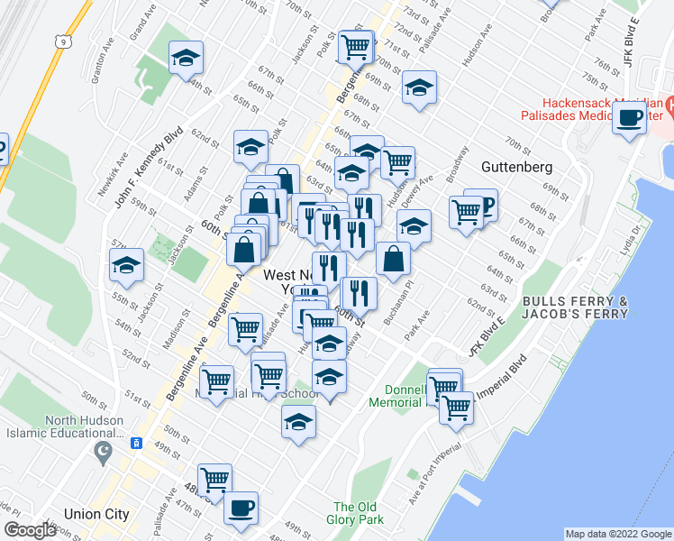 map of restaurants, bars, coffee shops, grocery stores, and more near 6015 Monroe Place in West New York
