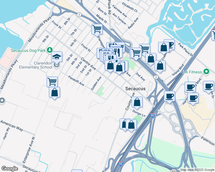 map of restaurants, bars, coffee shops, grocery stores, and more near 729 Chestnut Street in Secaucus