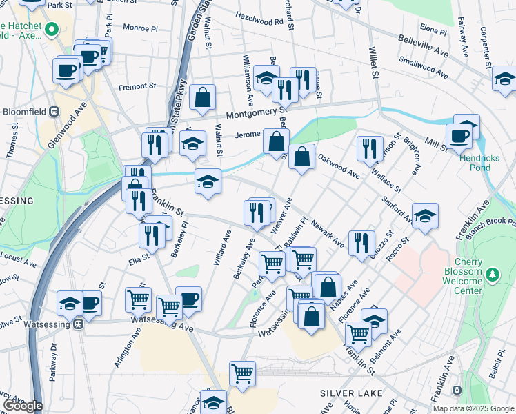 map of restaurants, bars, coffee shops, grocery stores, and more near 220 Berkeley Avenue in Bloomfield