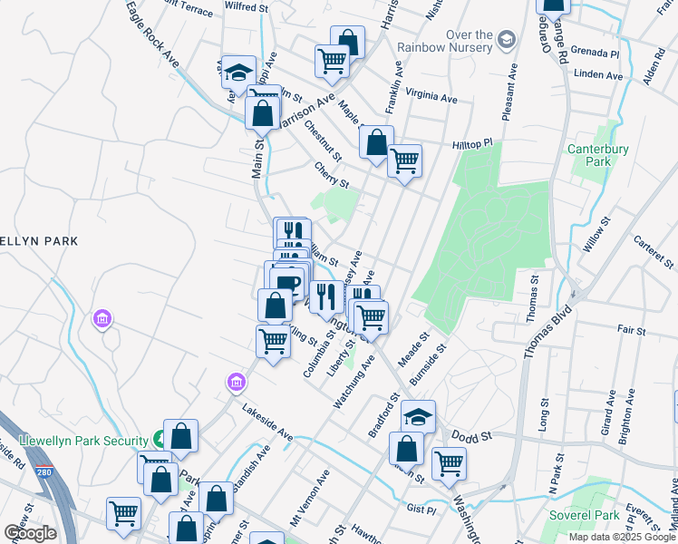 map of restaurants, bars, coffee shops, grocery stores, and more near 120 Whittlesey Avenue in West Orange
