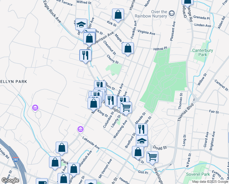 map of restaurants, bars, coffee shops, grocery stores, and more near 120 Whittlesey Avenue in West Orange