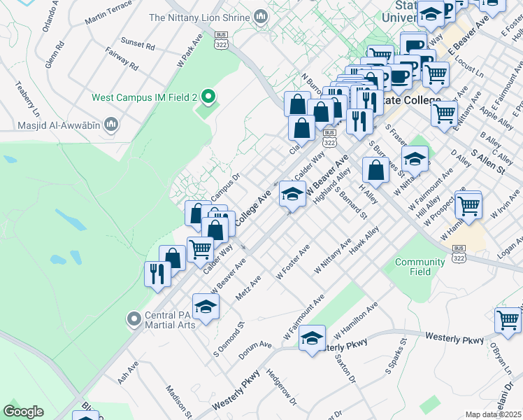 map of restaurants, bars, coffee shops, grocery stores, and more near 742 West College Avenue in State College