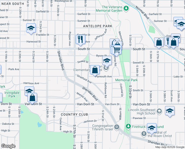 map of restaurants, bars, coffee shops, grocery stores, and more near 2927 Plymouth Avenue in Lincoln