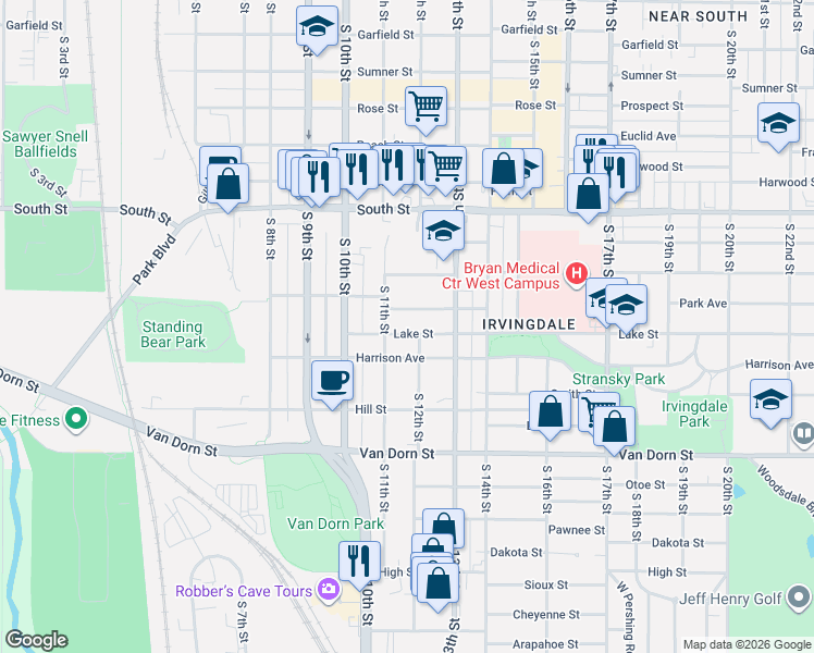 map of restaurants, bars, coffee shops, grocery stores, and more near 1117 Lake Street in Lincoln