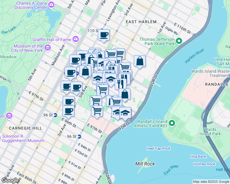map of restaurants, bars, coffee shops, grocery stores, and more near 315 East 103rd Street in New York