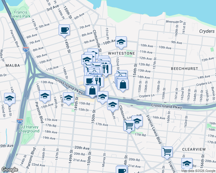 map of restaurants, bars, coffee shops, grocery stores, and more near 150-39 14th Road in Queens