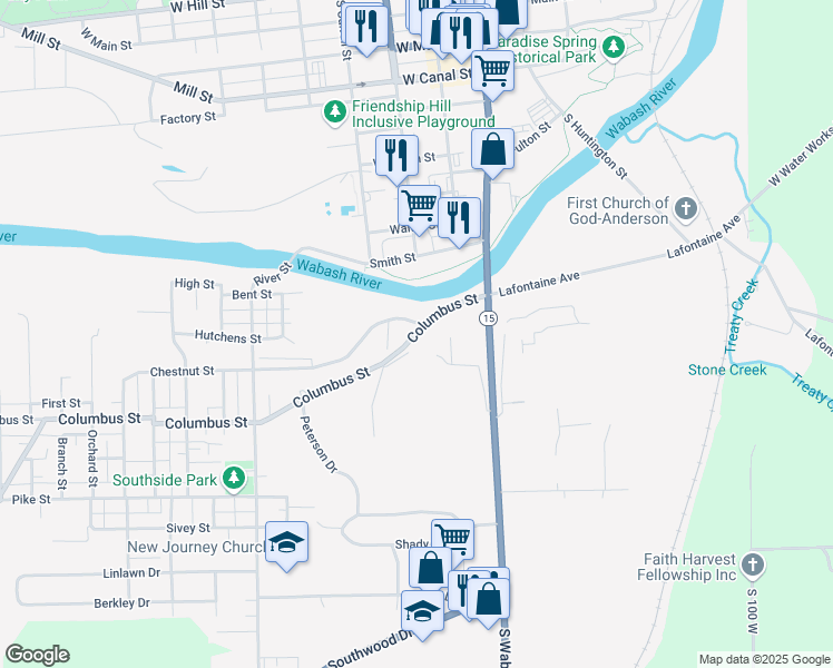 map of restaurants, bars, coffee shops, grocery stores, and more near 175 Columbus Street in Wabash