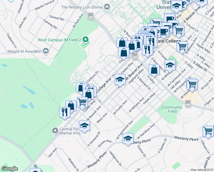map of restaurants, bars, coffee shops, grocery stores, and more near 742 West College Avenue in State College