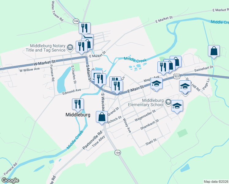 map of restaurants, bars, coffee shops, grocery stores, and more near Railroad Avenue in Middleburg