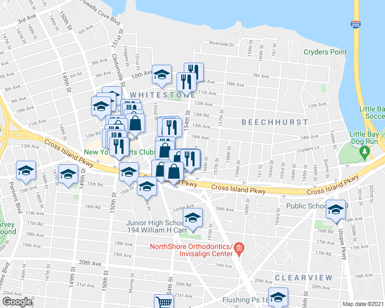 map of restaurants, bars, coffee shops, grocery stores, and more near 14-34 155th Street in Queens