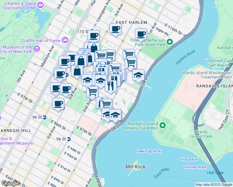 map of restaurants, bars, coffee shops, grocery stores, and more near 1st Avenue & E 104th St in New York