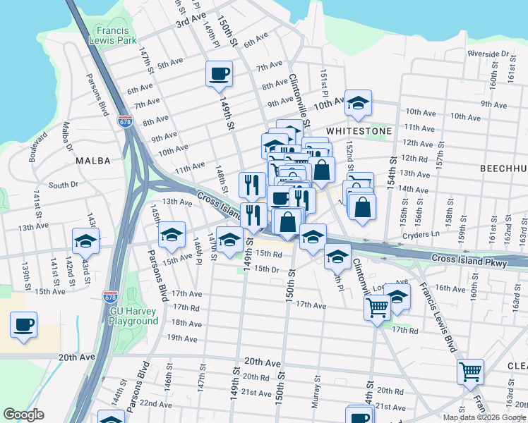 map of restaurants, bars, coffee shops, grocery stores, and more near 149-39 Cross Island Parkway in Queens