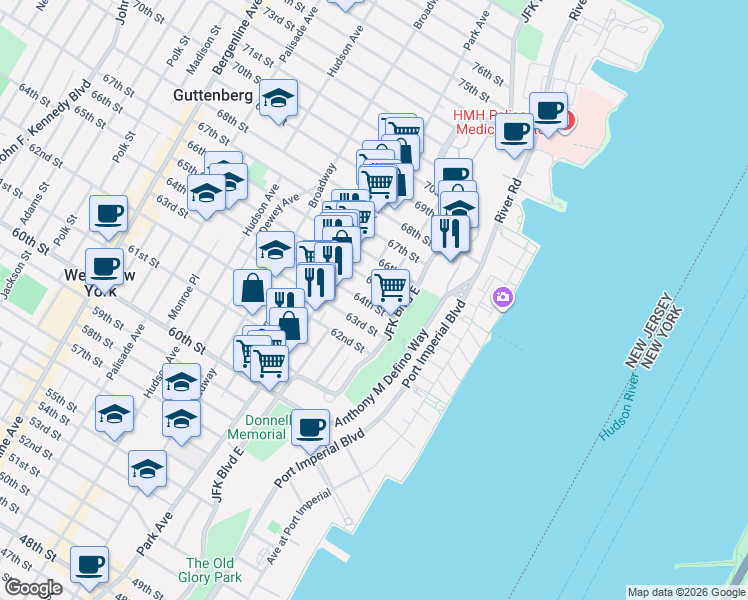 map of restaurants, bars, coffee shops, grocery stores, and more near 22 64th Street in West New York