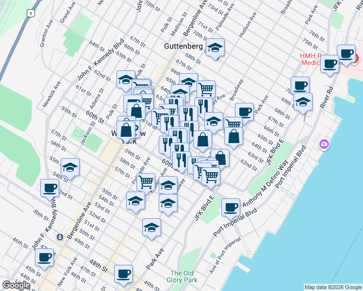 map of restaurants, bars, coffee shops, grocery stores, and more near 6030 Hudson Avenue in West New York