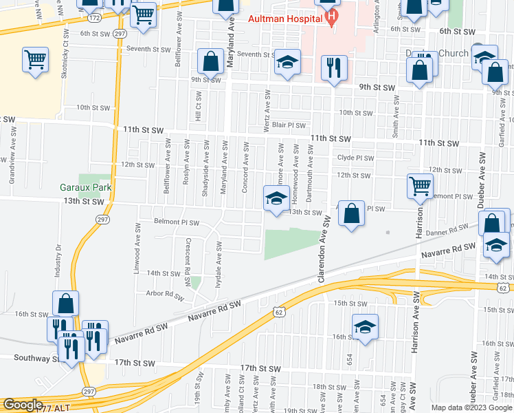 map of restaurants, bars, coffee shops, grocery stores, and more near 1257 Wertz Avenue Southwest in Canton