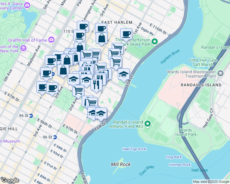 map of restaurants, bars, coffee shops, grocery stores, and more near 440 East 105th Street in New York