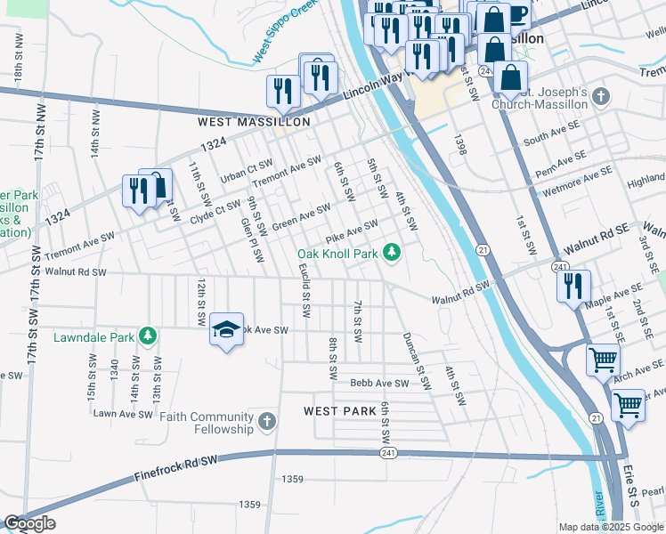 map of restaurants, bars, coffee shops, grocery stores, and more near 724 Walnut Road Southwest in Massillon
