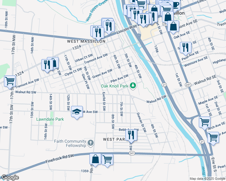 map of restaurants, bars, coffee shops, grocery stores, and more near 724 Walnut Road Southwest in Massillon