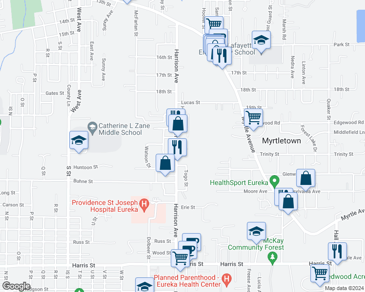 map of restaurants, bars, coffee shops, grocery stores, and more near 2559 Christensen Way in Eureka