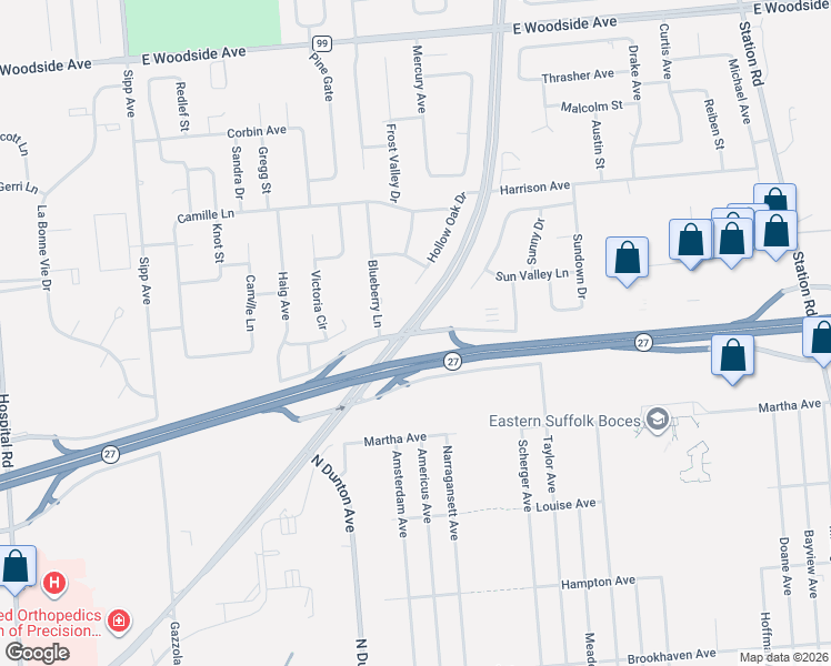 map of restaurants, bars, coffee shops, grocery stores, and more near East Patchogue Yaphank Road in Bellport