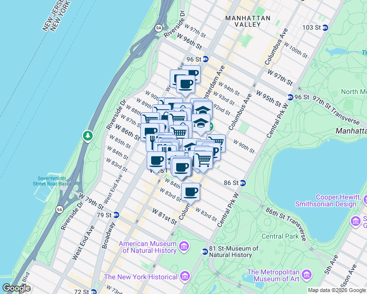 map of restaurants, bars, coffee shops, grocery stores, and more near 175 West 87th Street in New York