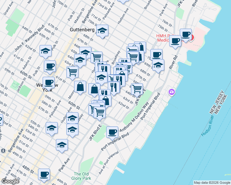 map of restaurants, bars, coffee shops, grocery stores, and more near Park Avenue & 63rd Street in West New York