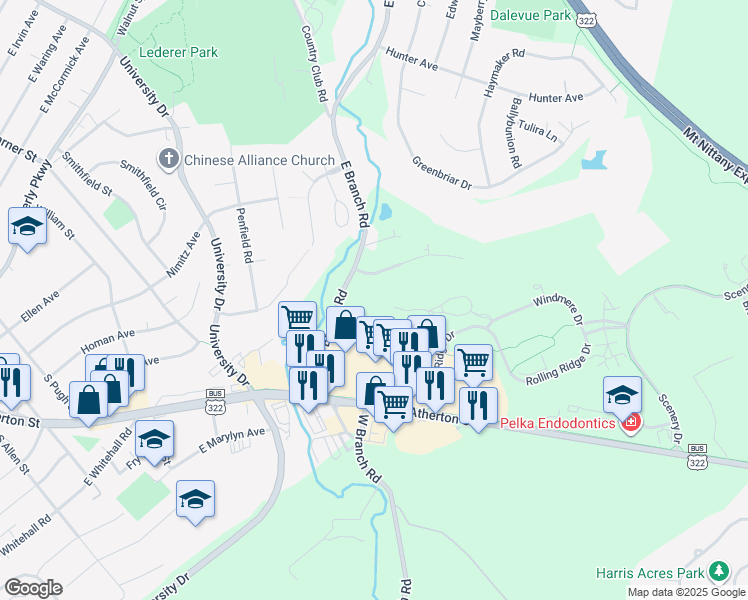 map of restaurants, bars, coffee shops, grocery stores, and more near 1930 Cliffside Drive in State College