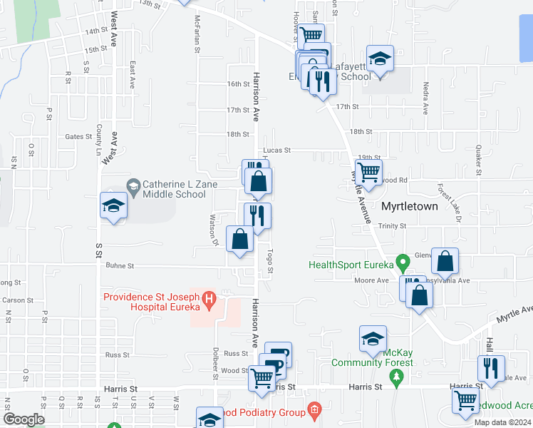 map of restaurants, bars, coffee shops, grocery stores, and more near 2563 Christensen Way in Eureka