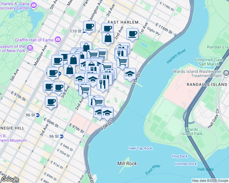 map of restaurants, bars, coffee shops, grocery stores, and more near 418 East 105th Street in New York